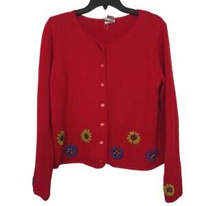 CLIO Vintage Red Knit Floral Embroidered Cardigan Sweater L Whimsical Cottage